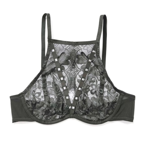 Adore Me Other - NWT Adore Me Dark Gray High Neck Lace Stud Embellished Bra/Bralette, 34B